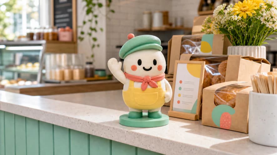 3D printed mascot counter display beside bakery packaging and signage