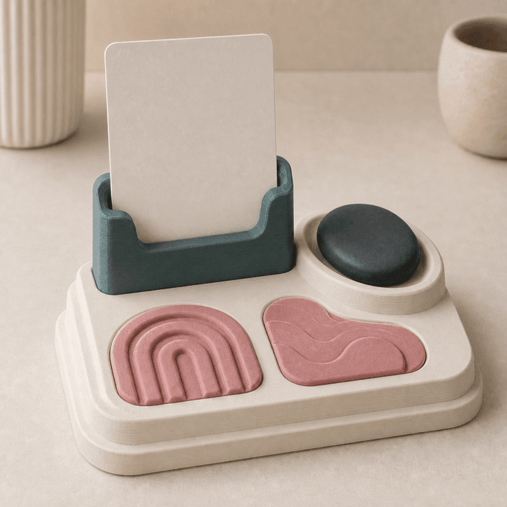 Matte 3D printed memory card object stand with a broad blank slot and shallow object cradle