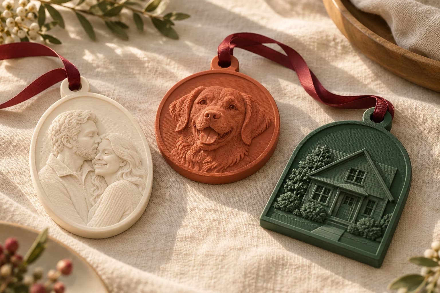 Sculpted ornaments of people, a beloved pet, and a home, arranged with ribbon on warm linen