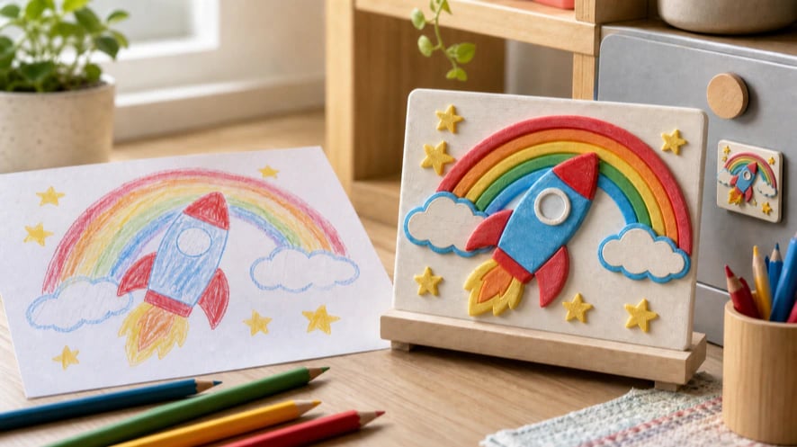 A child’s rocket drawing becoming a raised 3D printed display keepsake on a bright studio table