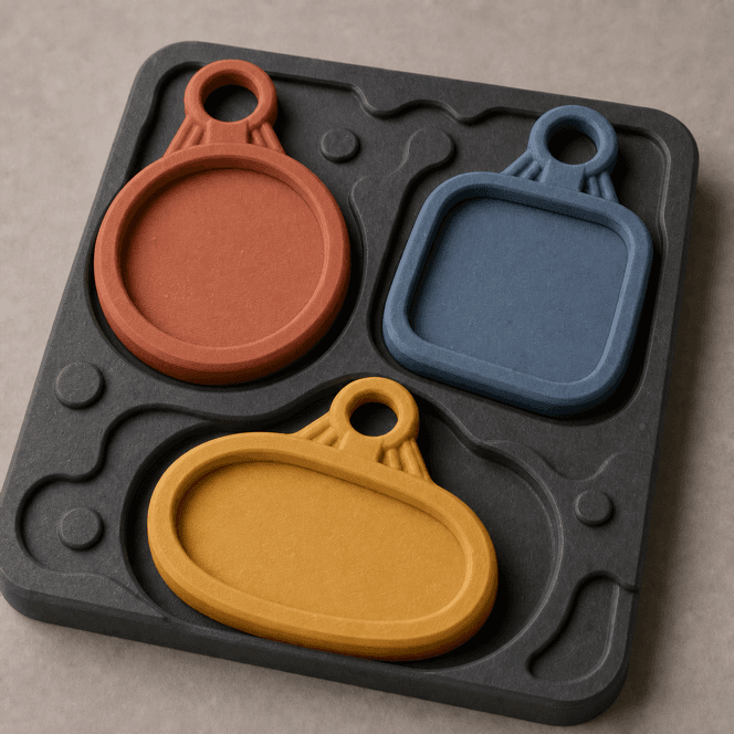Three oversized matte 3D printed charm frames for flat found objects
