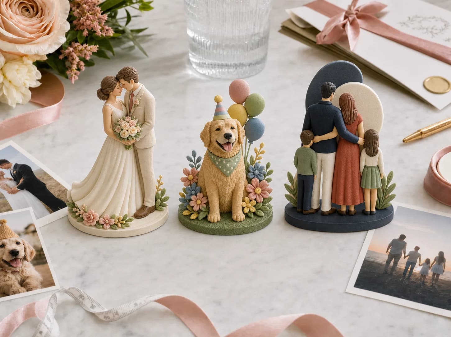 Elegant, playful, and modern full-color 3D printed topper designs with celebration reference photos