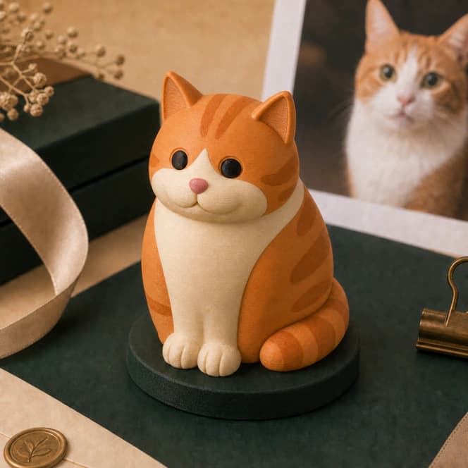 Colored 3D printed orange and cream cat portrait keepsake staged with a reference photo