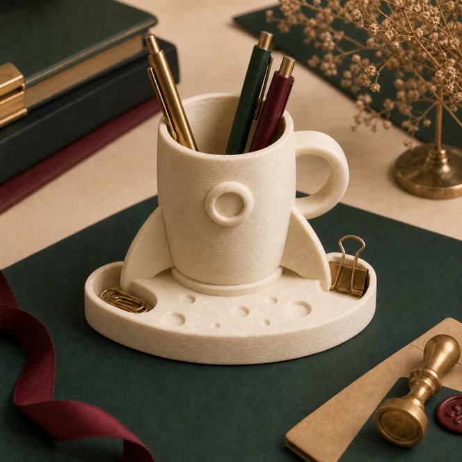 Ivory 3D printed coffee rocket desk caddy holding pens