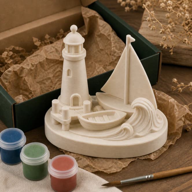 Paintable ivory 3D printed harbor mini kit with paint pots nearby