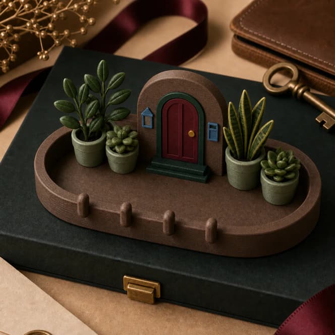 Colored 3D printed housewarming key tray with burgundy door and green plant details