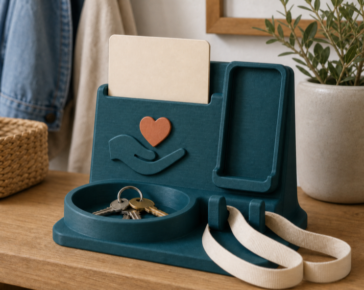 Matte printed entryway landing dock with a shallow bowl, short hooks, and blank card slot