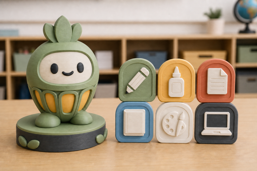 A seedling-lantern classroom mascot with large colorful supply-bin icons