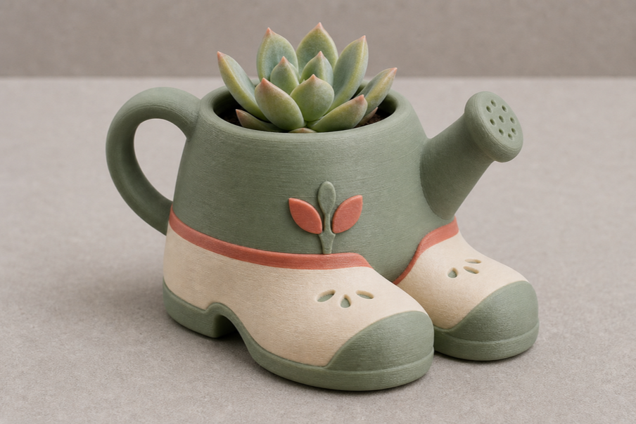 Matte green and cream 3D printed garden clogs succulent planter with rounded fused forms