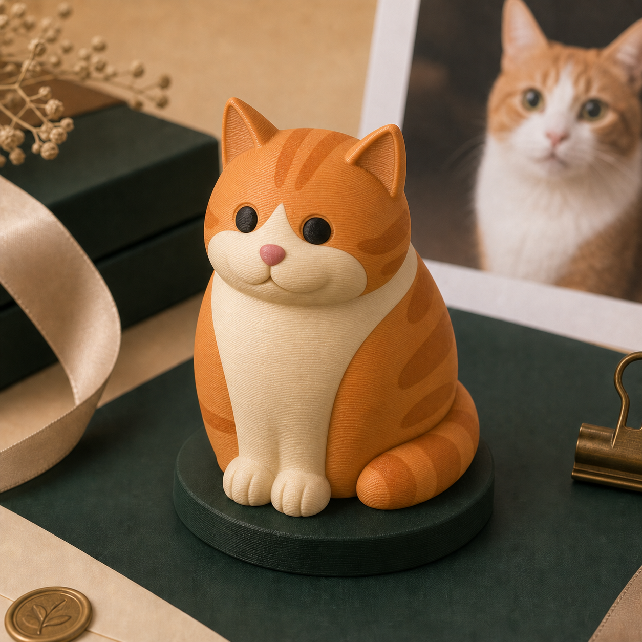 Colored 3D printed orange and cream cat portrait keepsake staged with a reference photo