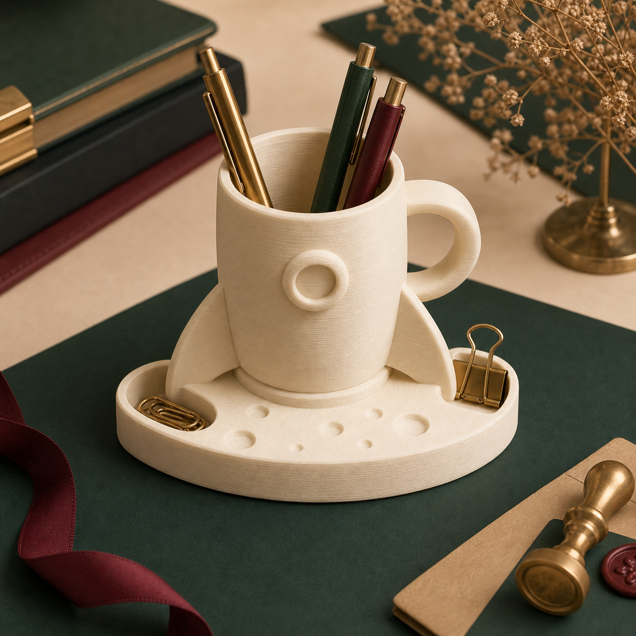 Ivory 3D printed coffee rocket desk caddy holding pens