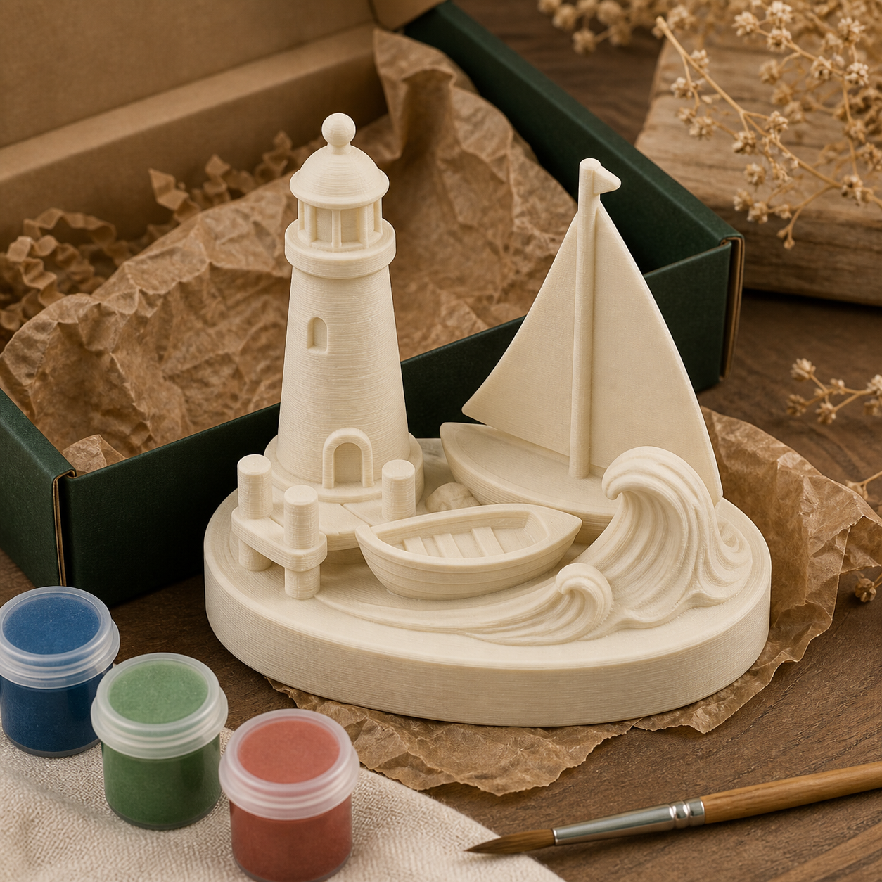 Paintable ivory 3D printed harbor mini kit with paint pots nearby