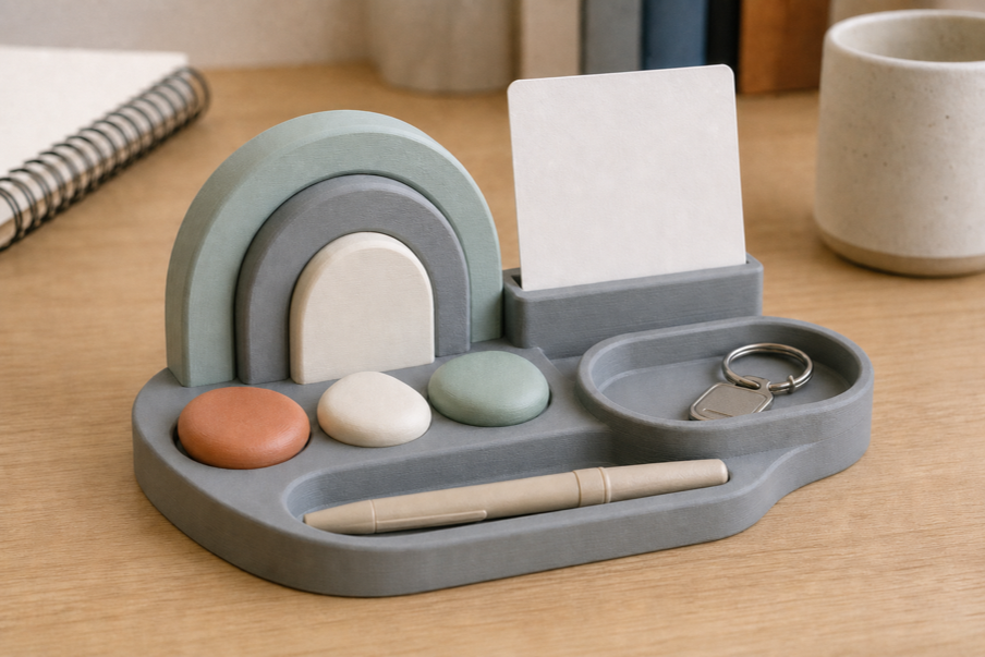 Matte printed nested-arch desk set with a blank card slot and shallow dish