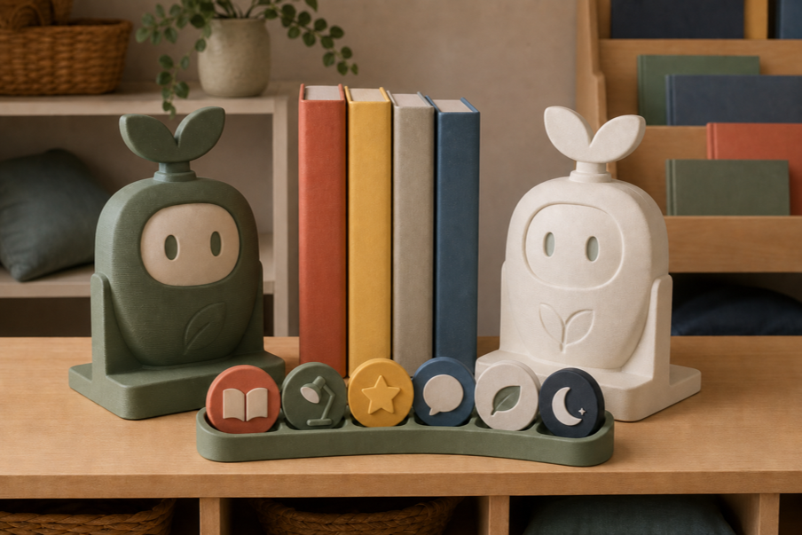 Matching seedling-lantern bookends and a reading token dock