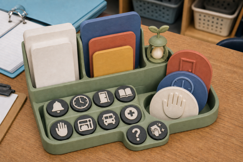 Teacher-facing substitute command station with large routine icons